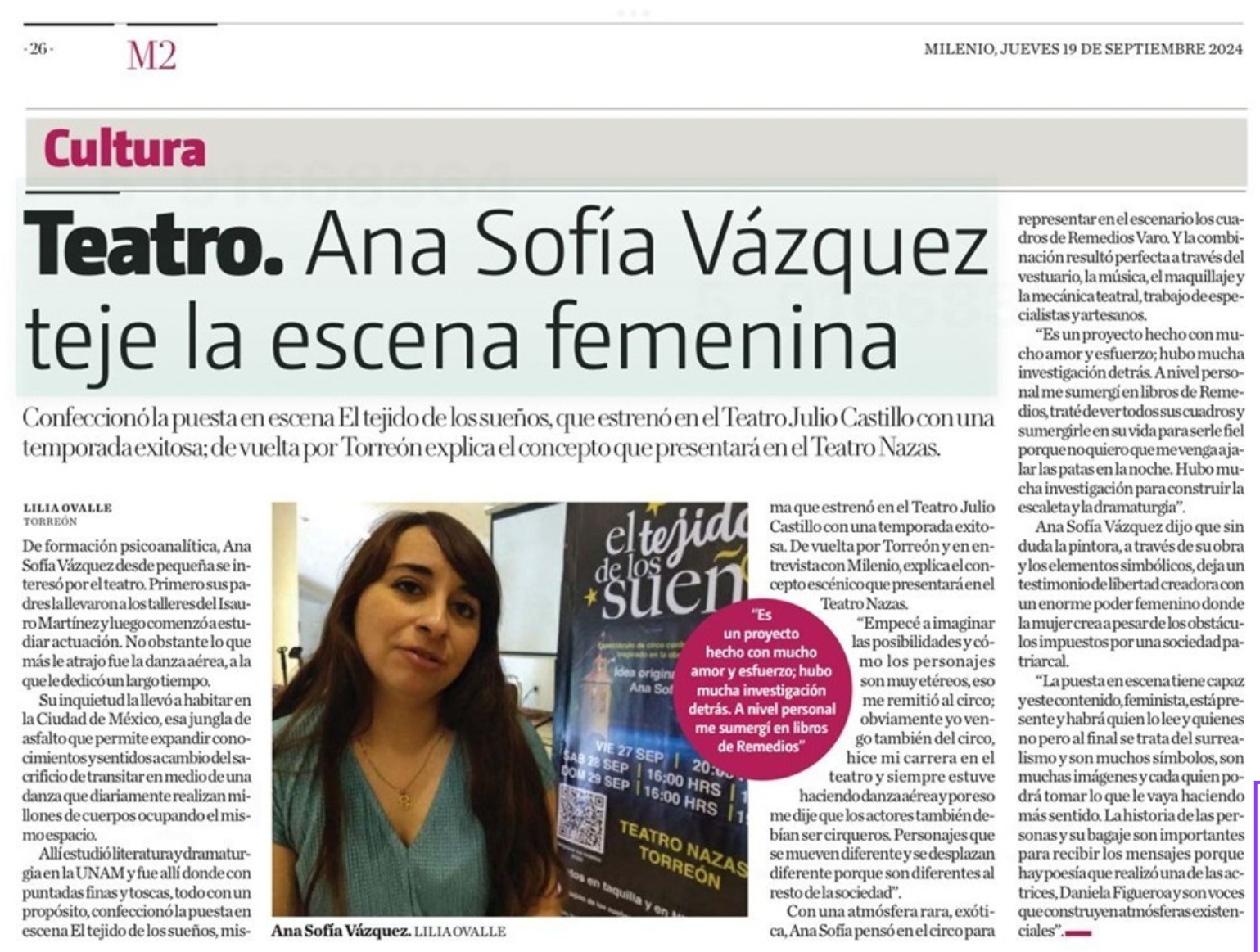 Recorte de Milenio: «Ana Sofía Vázquez teje la escena femenina», por Lilia Ovalle, 19 de septiembre de 2024.